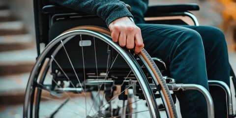 Obraz premium Person in a wheelchair, focusing on hand grip, with blurred background.