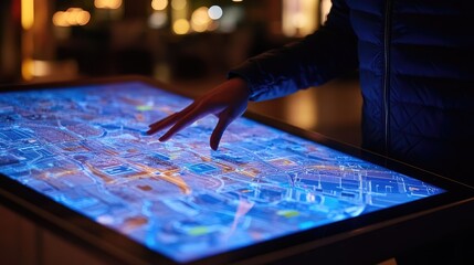 Naklejka premium Touching a Digital Map Display in Urban Setting