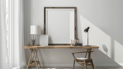 A contemporary home office with white walls and a wooden desk. The desk features a blank picture frame and a small lamp. Gentle