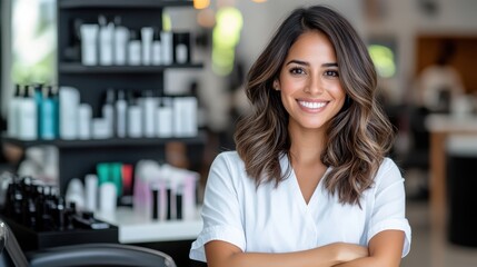A professional woman with a confident smile stands in a salon environment filled with various beauty products, reflecting a trendy and elegant atmosphere.