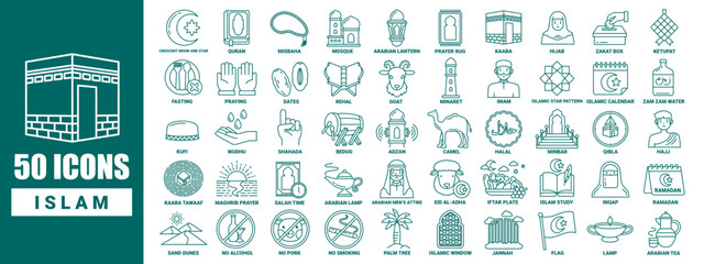 50 islamic icon collection vector in line design style with name in every icon