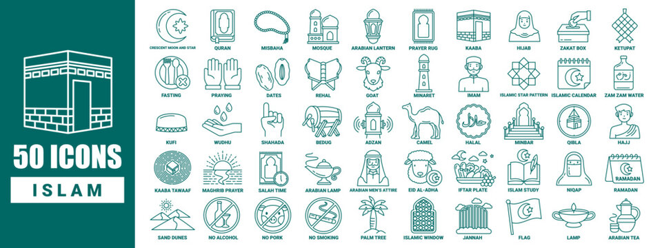 50 islamic icon collection vector in line design style with name in every icon