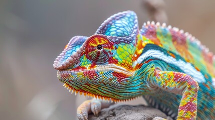 A colorful chameleon with a bright blue and red eye.