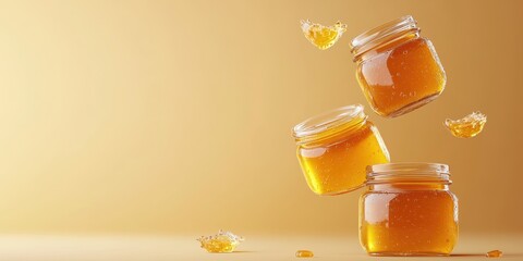 Three jars of honey floating against a golden background, highlighting delicious sweetness.