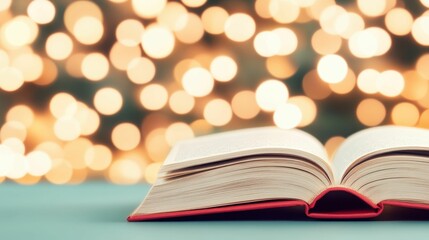 Obraz premium An open book with visible pages, set against a background of golden bokeh lights. The soft, dreamy atmosphere highlights warmth and inspiration.