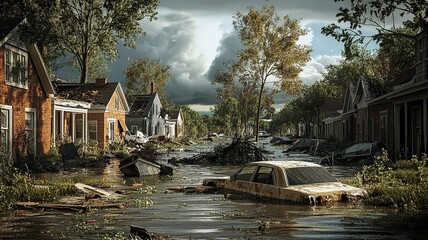 This dramatic image depicts a city being severely impacted by a hurricane, showcasing powerful winds, heavy rain, and the chaos that accompanies such a natural disaster.

