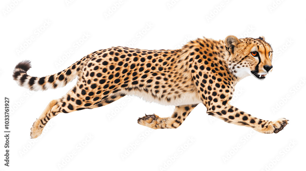 Wall mural cheetah running swiftly on a white isolated background.