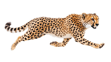 Cheetah running swiftly on a white isolated background.