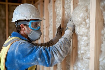Construction Worker Installing Insulation in a Wall Frame