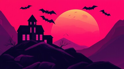 Fototapeta premium Haunted house on a hill, bats flying in the moonlight, flat design illustration
