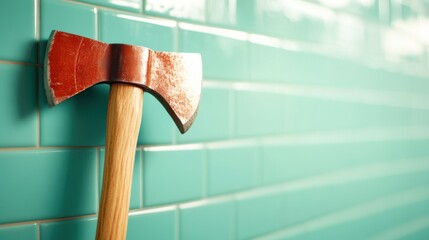 Two different axes are set against a turquoise tiled backdrop, symbolizing diversity, strength, and traditional craftsmanship in a harmoniously contrasting design setting.