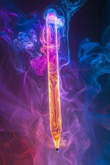 A glowing pen suspended in mid-air, drawing abstract shapes in a swirling, colorful mist. 