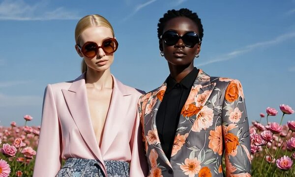 Fashion models showcase elegant blazers in a floral field during a sunny photoshoot in spring