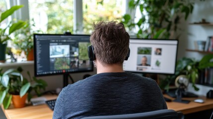 A man with headset works on video editing using dual monitors surrounded by plants, illuminating a modern, tech-filled creative home office environment.