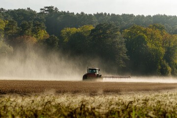Tractor sprays dust over field. Perfect for a farming, agriculture, or environmental theme.