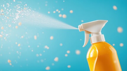 An orange spray bottle emits a soft, delicate mist set against a calming blue background, symbolizing freshness, cleanliness, and a sense of soothing calmness.