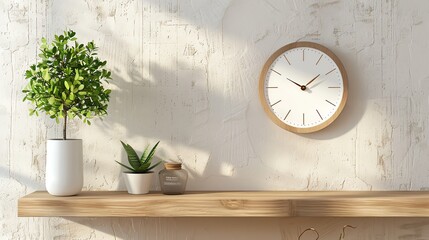 A wooden shelf with a clock, a plant and a small jar.