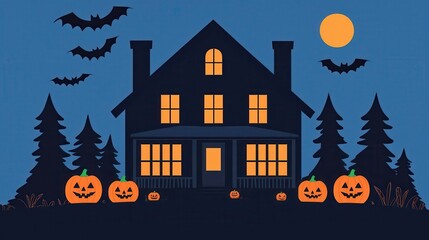 Haunted house with jack-o'-lanterns on the porch, bats flying overhead, flat design illustration ,closes up