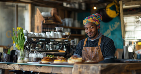 Barista in a cozy rustic café smiling warmly while serving a selection of pastries and beverages. The ambient setting adds warmth and charm, ideal for cafe promotions.