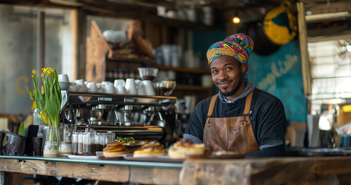 Barista in a cozy rustic café smiling warmly while serving a selection of pastries and beverages. The ambient setting adds warmth and charm, ideal for cafe promotions.