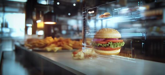 A digital futuristic display highlighting fast food items like burgers with holographic effects, emphasizing the innovation in the food service industry.