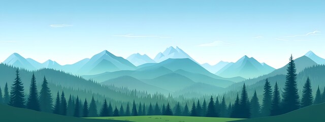 A flat vector illustration of a beautiful forest landscape with mountains in the background, featuring a green and blue color palette