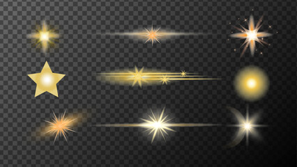 Shimmering elements.Sparkling Shine light effect. luxury star on transparent background. Sparkling Shine glowing stars. Glowing effects. Stars in space. Isolated glints set. 