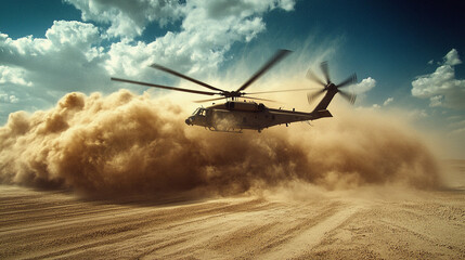 Military Helicopter Taking Off in Desert Dust Cloud