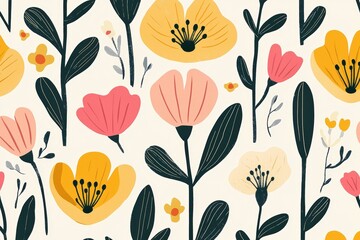 Colorful floral pattern with vibrant blooms and green leaves on a soft background