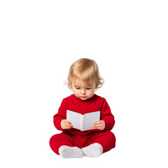Child reading a book, focused and curious, isolated on white background.