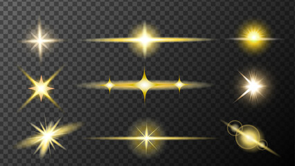 Sun rays set. Sparkling  Shine light effect. Glitter luxury star on transparent background.Decorative gradient vibrant golden stars. Design illustration for banner, social media, advertising, website.