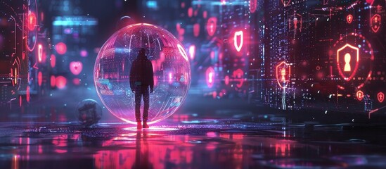 Solitary silhouette of a person standing in a futuristic neon lit city landscape reflecting on the surreal dreamlike atmosphere of the illuminated urban environment