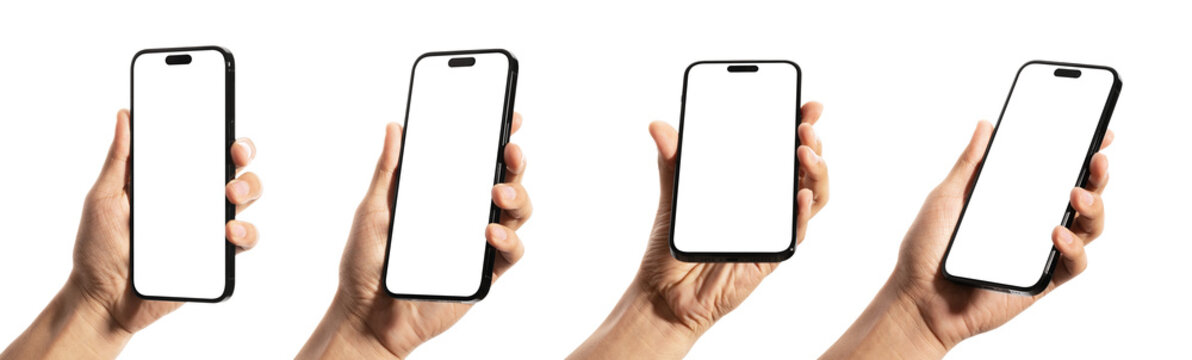 set of Hand holding mobile phone mockup png with blank white screen isolated on white background. perspective smartphone hand mockup	