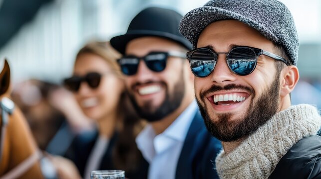 A group of friends in stylish attire enjoy a vibrant day at the horse racetrack, capturing the spirit of friendship and fun under sunny skies.