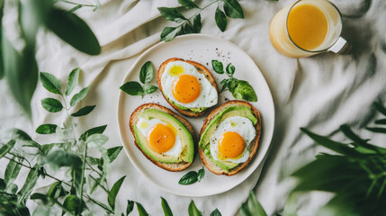 Eggs and avocado toast on a white plate with a drink.






