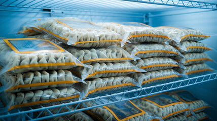 Frozen dumplings are neatly stacked in wire freezer shelf, showcasing variety of packaged meals ready for cooking. organized display highlights convenience of frozen food storage