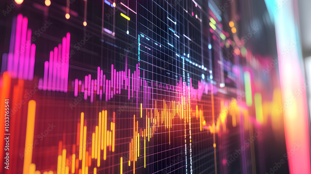 Poster vibrant detailed graph with multiple line charts overlaid on a bar chart, set against a grid on a wh