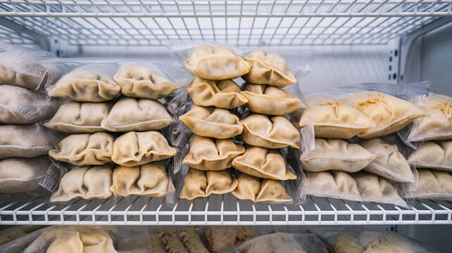 Frozen dumplings neatly arranged on wire freezer shelf, showcasing various types and colors. organized display highlights convenience of ready to cook meals, perfect for quick dining options