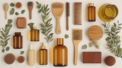 Natural Beauty Products and Accessories Flat Lay with Eucalyptus Leaves
