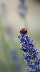 Naklejka premium A ladybug delights in lavender blooms during a serene summer afternoon in nature