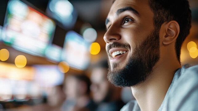A man with a beard looks upbeat and intrigued while staring at bright screens in an energetic venue, suggesting excitement and a connection to digital media.