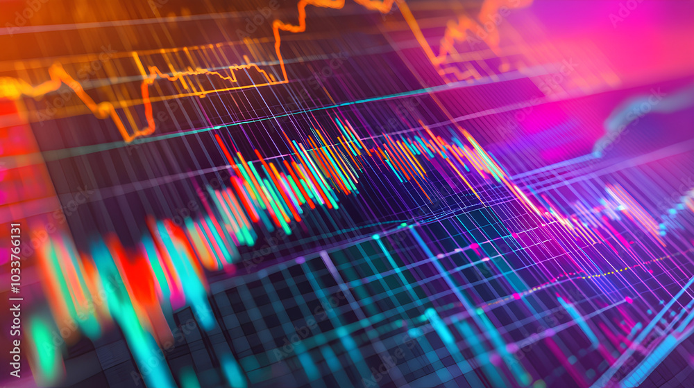 Poster vibrant detailed graph with multiple line charts overlaid on a bar chart, set against a grid on a wh