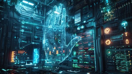 Futuristic holographic interface with glowing digital displays neon lights and complex data visualizations in a dark industrial interior workspace  Conceptual image of advanced technology automation