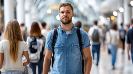 A young man in casual denim attire confidently walks through a bustling shopping mall, conveying a sense of style and modernity amidst a diverse crowd.