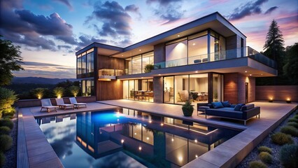 Fototapeta premium Modern Home with Large Windows and Swimming Pool at Night, Smart Lighting Creates Warm Atmosphere, Pool Reflecting Tranquil Night Sky for Aerial Photography