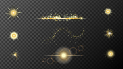 Shine, sparks, flare, Golden lights sparkles collection.Lights flare, star flash light, sun rays.Glowing light effect. Light flares set.Glow effect of light. Add brightness and radiance to design.