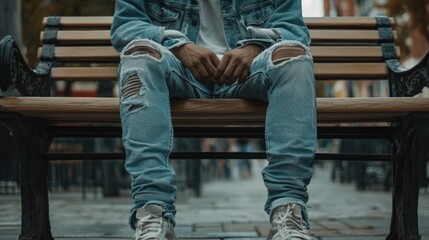 Casual Man Sitting on a Bench in Urban Setting