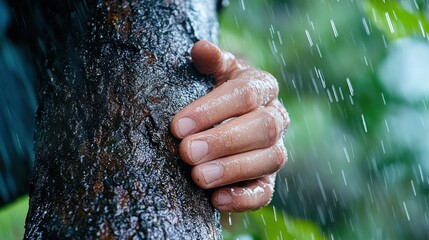Close-up showing a hand firmly clutching a rain-soaked tree outdoors, symbolizing the primal connection between humans and the natural world despite challenges.