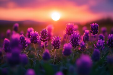Obraz premium Close-up of purple flowers growing on field during sunset