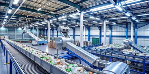Fototapeta premium A Conveyor System Transports Packages Through A Large Industrial Warehouse, Utilizing Automated Technology To Streamline The Material Handling Process